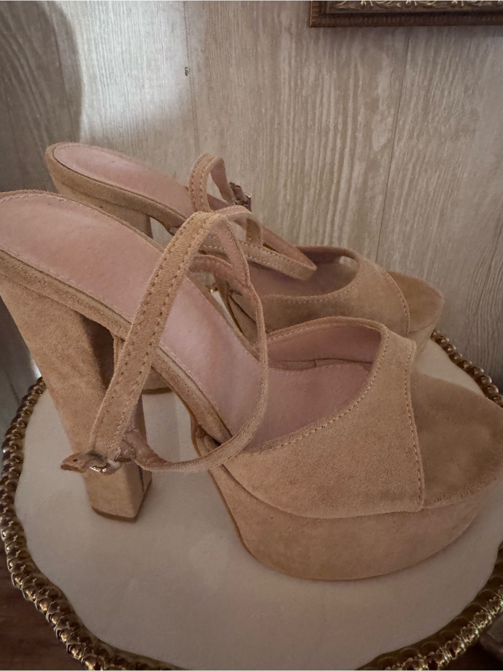 Suede Platform Peep-Toe Heels in Tan